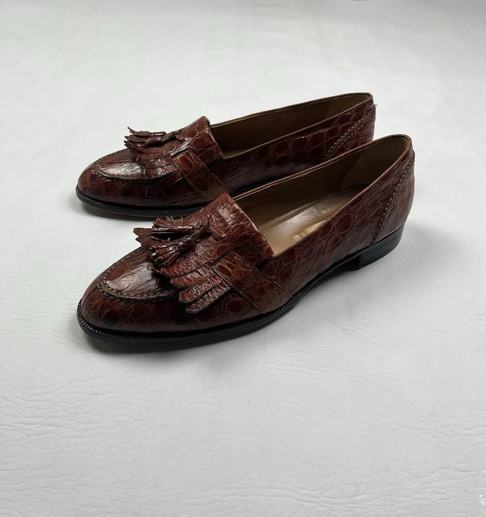 Cole Haan Genuine Caiman Crocodile Tassel Loafers Mens 9M Brown Italian Leather